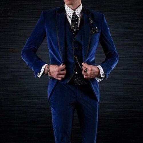 Royal Blue Velvet Groom Tuxedos for Wedding Men Suits Wear 3 Piece Male Fashion Dinner Jacket with Pants Vest 2021 Winter