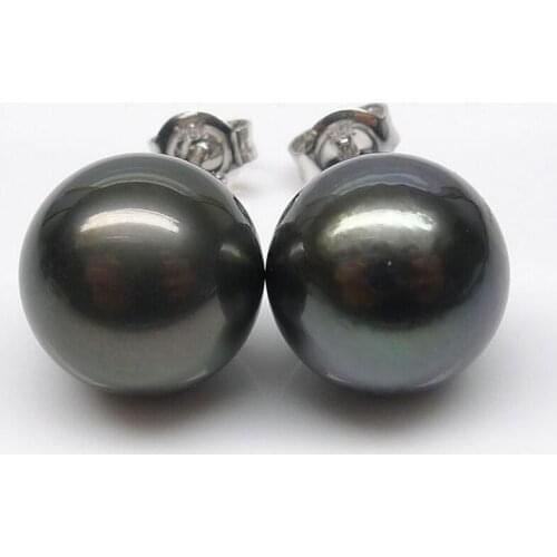 Free Shipping 10-11MM Natural Black Real Tahitian Pearl Ear Stud Earrings 18K Solid White Gold #0207
