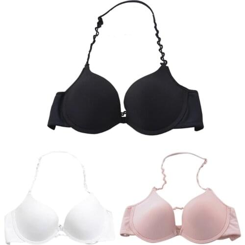 Women Sexy Halter V-Neck Front Buckle Bra Push Up Padded Beauty Backless Underwear Convertible Wavy Strappy Solid Color Bralette