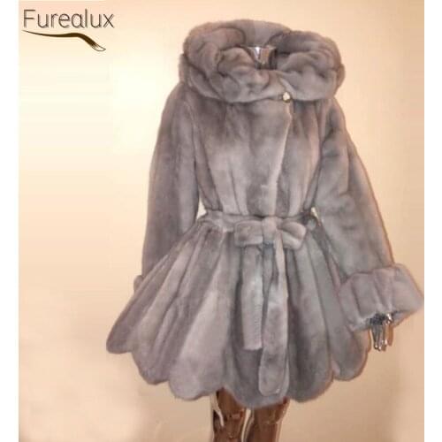 FUREALUX Fashion Real Mink Coat Authentic Natural Mink Autumn Winter Womens High-quality Mid-length Trendy Warm Clothing