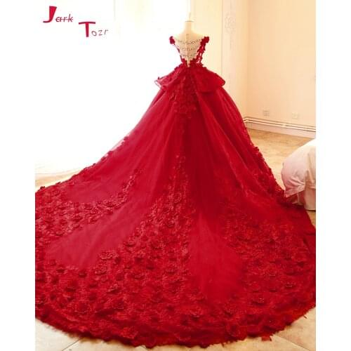 Jark Tozr Custom Made Robe De Mariee Pearls Crystal Bow Full Flowers Princess Ball Gown Wedding Dresses With 1.5 Train