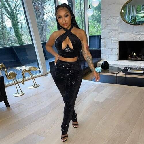 Lace Up Two Piece Set Halter Hollow Out Tank Crop Tops Drawstring Jogger Trouser Suits Sexy Women Clothing Outfit Club Pant Sets