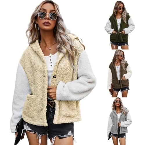 Women Winter Long Sleeve Hoodies Coat Fluffy Plush Color Block Patchwork Outwear Button Down Cardigan Jacket with Pocket