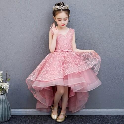 High Low Blush Pink Cute Flower Girl Dresses Princess First Holy Communion Dress Short Front Long Back Kids Baby Party Prom Gown