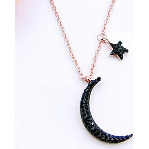 Moon Star Necklaces for Womens Black Zircon Pendant Stainless Steel Rose Gold Chain Necklace Jewelry on The Neck Couple Necklace