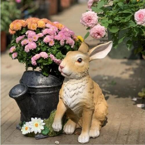 Pastoral Simulation Animal Rabbit Kettle Flower Pot Resin Ornaments Garden Vases Figurines Crafts Courtyard Outdoor Decoration