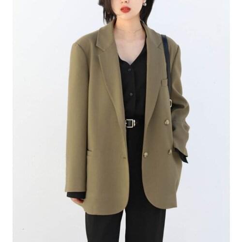 White Casual Suit Jacket Women2021Autumn Loose Double Breasted Black Blazer Long Sleeve Office Lady Vintage Suit Coat Streetwear
