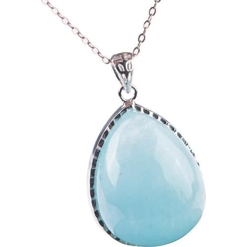 Genuine Natural Ocean Blue Gems Stone Stering Sliver Women Water Drop Bead Fashion Women Charm Pendant 36x25x15mm
