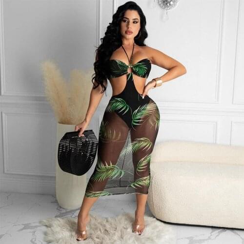 Leaf Print Women Off The Shoulder Halter Dress Sexy Hollow Out Bodycon Sheer Mesh Patchwork See Through Backless Beach Dress