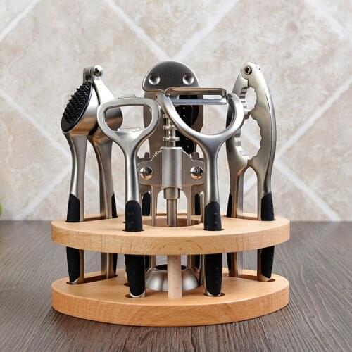 7-Pieces Zinc Alloy Wine Bottle Jar Opener Corkscrew Peeler Garlic Press Nut Cracker with Wood Stand Kitchen Accessories Tools