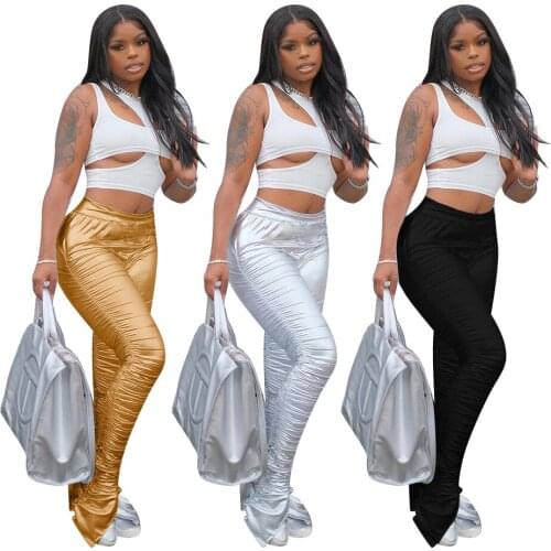 Streetwear Women Skinny Flare Stacked Ruched Pants High Waist Leggings Trousers Sportswear Sexy Tracksuit Sweatpants