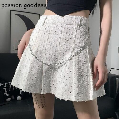 Summer Women High Waist White Blue Denim Pleated Mini A-line Skirts Hole Dot Chain Streetwear Sexy Gothic Ladies Harajuku Skirts
