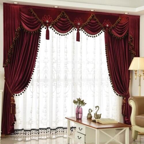 Custom curtain Luxury European thicken red color wedding room Italy velvet cloth blackout curtain valance tulle E915