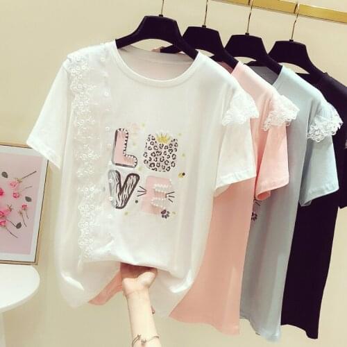 Lace Patchwork Letter Print Women Tshirts Summer 2021 New Fashion O-Neck Short Sleeve Lady T-Shirts Loose Casual Female Tees Top