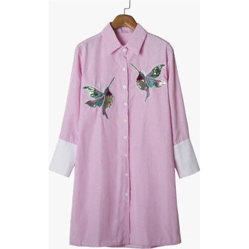 Bird embroidered women blouses spring autum long sleeve striped shirt women tops 2019 Casual bird pattern chemise femme HC081
