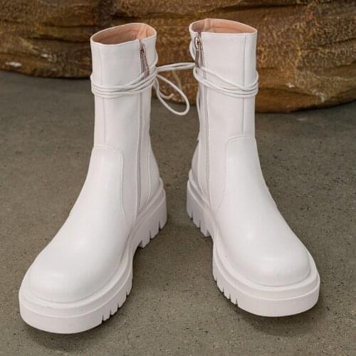 Falajoy Platform Combat Boots Genuine Leather Strappy Fashion Brand Designer Winter Booties for Women White Plus Size 43 42 41