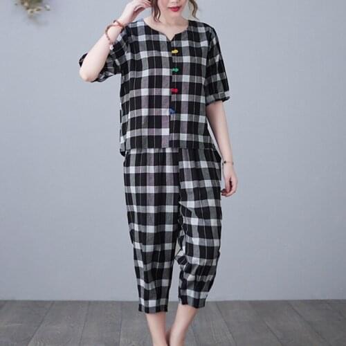 2021 New Arrival Vintage Womens Clothes Set Plaid Cotton Linen Loose Fashion Sets Loose Top Wide Leg Pants Two Piece Casual Set