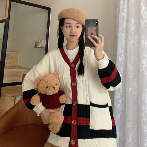 Autumn Winter Cardigan Sweater Women V-Neck Button pocket Sweet Sweaters Korean Casual Vintage knitting Cardigan Tops