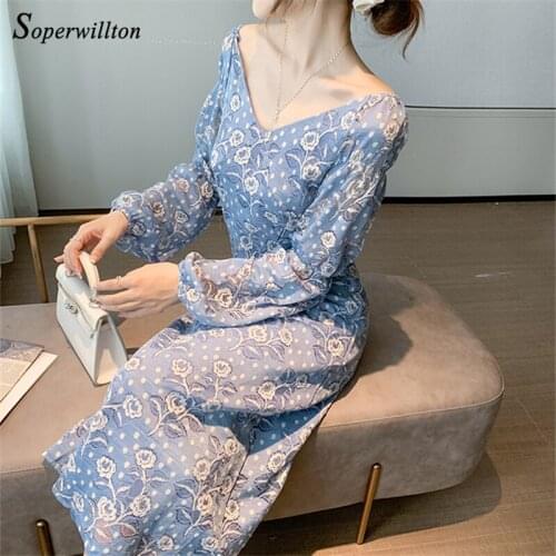Blue High Waist Women Lace Dresses Chic Ladies Long Dress elegant backless Dresses Chic Party Dress flower Winter Vestidos