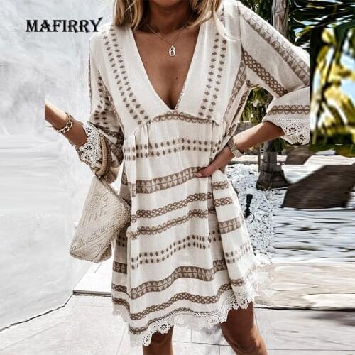 Women Lace Patchwork Petal Sleeve Dress Elegant Lady V Neck Summer Vacation Dress Casual Loose Beach Dress Streetwear Vestidos