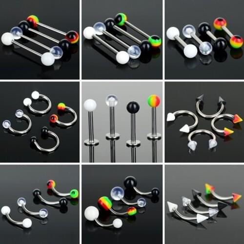 10Pcs Stainless Steel Bar White Black Acrylic Tongue Rings Eyebrow Labret Lip Nipple Nose Piercing Ring Fashion Body Jewelry