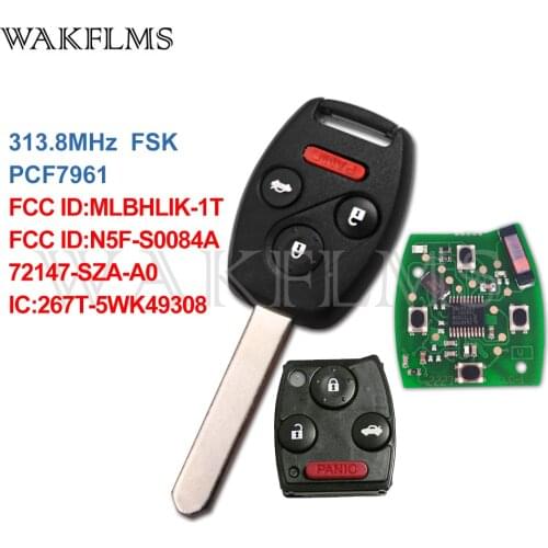 4 Button Remote Car Key 313.8MHz Fob for Honda Accord Civic EX SI Hybrid with PCF7961 Chip MLBHLIK-1T N5F-S0084A No Mark