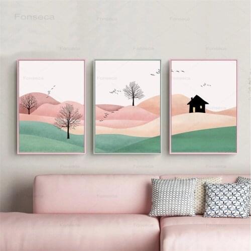 Abstract Landscape Mountain Tree House Wall Art Canvas Painting Nordic Posters and Prints Wall Pictures for Living Room Decor
