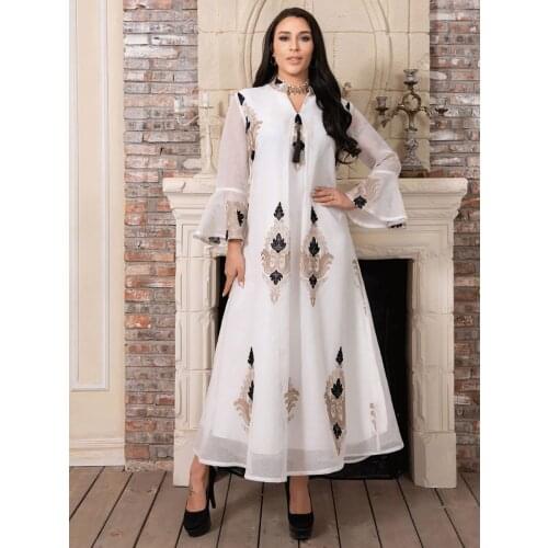 Women Arabic Dress Jalabiya White Embroidered Mesh Long Flare Sleeve Muslim Islamic Caftan Morocco Dubai Abaya Eid Party Evening