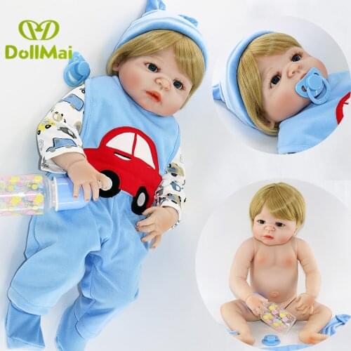 DollMai bebes reborn 57cm Full Silicone Body Reborn Baby boy Doll In Cute Blue Car Clothes Toys bonecas Brinquedos girls kids