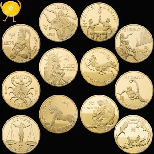Twelve Constellations Commemorative Coin Character Astrology Sun Moon Constellation Gold Coins Collectibles Set
