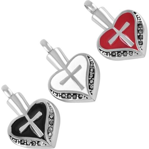 IJD8098 White/Red/Black Enamel Little Cross On my Heart Stainless Steel Memorial urn Pendant Jewelry Cremation Ashes Necklace
