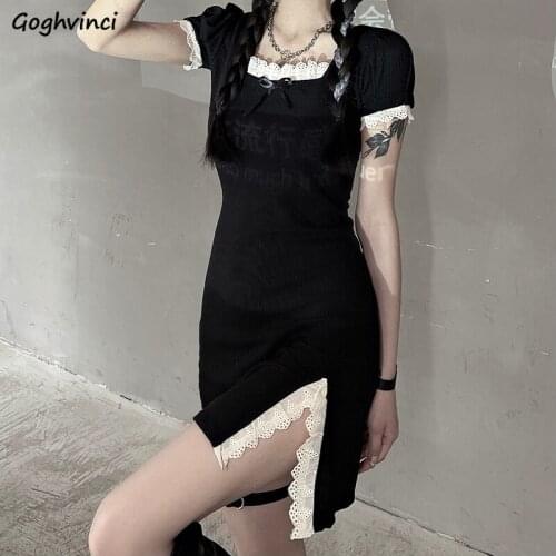 A-line Mini Dress Women Lace Short Sleeve Side-split Sexy Square Collar Patchwork High Street Outwear Skinny Vestido Retro Ins