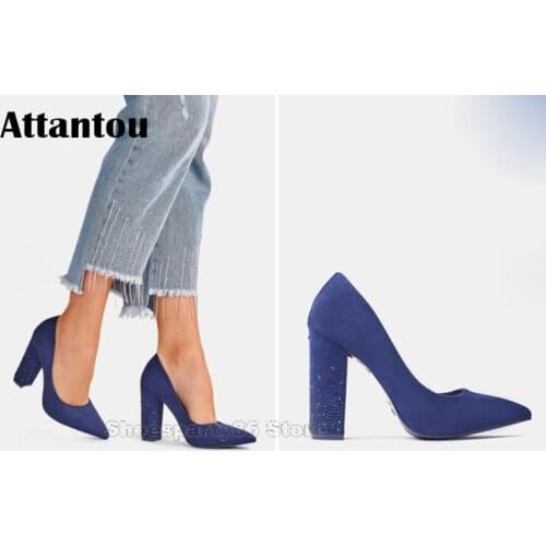 Fashion Crystal Designer High Heel Pointed Toe Dress Shoes Women Suede Leather Block Heeled Concise Pumps