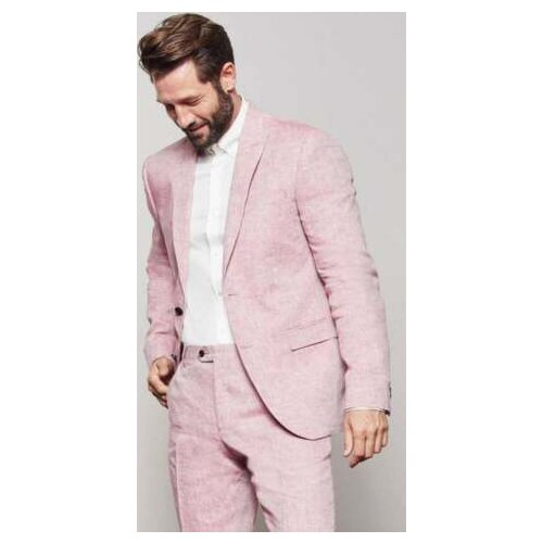 2021 Summer New Pink Mens Suits 2 Piece Beach Groomsmen Wedding Tuxedos For Party Men Flax Formal Prom Suit (Jacket+Pants)