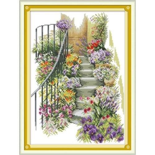 Flower stairs cross stitch kit aida 14ct 11ct count print canvas cross stitches needlework embroidery DIY handmade