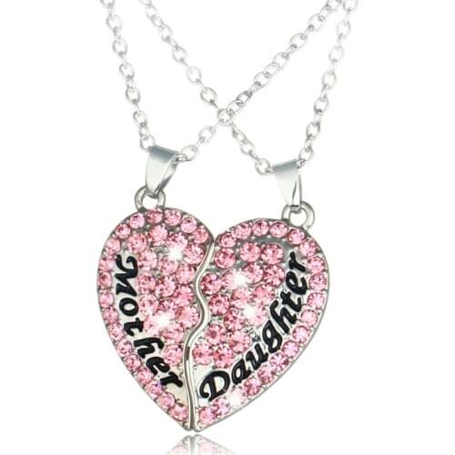 Mother Daughter Pink Crystal Heart Pendant Necklace Charm Rhinestone Mom Children Chain Choker necklaces Women Jewelry