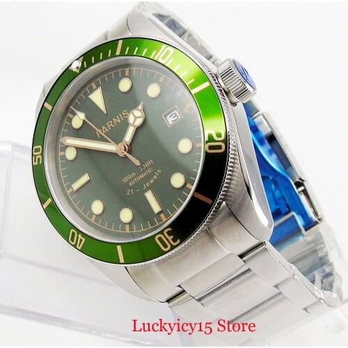PARNIS High Quality 41mm Men Watch Green Dial Date Sapphire Glass Automatic Movement Mental Bracelet Self Winding Wristwatch