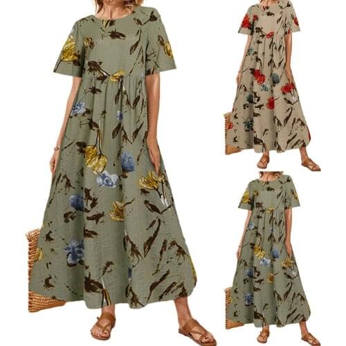 Women Dress Short Sleeve Breathable Cotton Blend Fashion Summer Maxi Dress for Beach Sleeve Long Dress Casual Shirt Dresses Robe