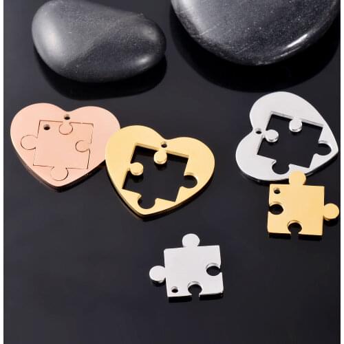 5Sets Stainless Steel Heart Blank Puzzles Tags Pendant DIY Jigsaw Charms Mirror Polished Necklace Jewelry Wholesale