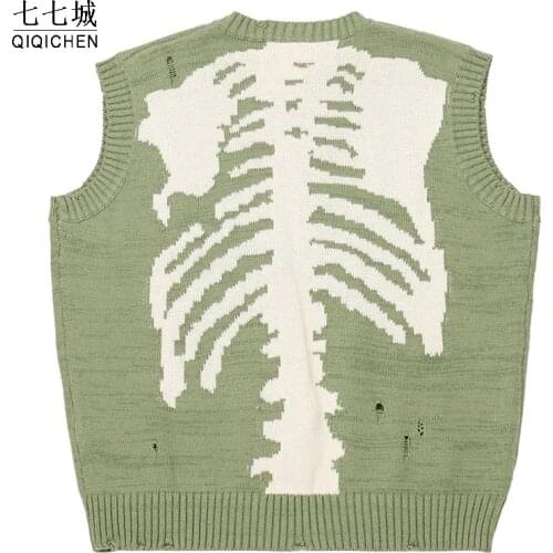 Kanye Skeleton Ripped Sweater Vest Men Women 2021SS Hip Hop Couple Pullovers Harajuku Vest Oversized Street Sleeveless Jacket