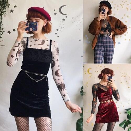 Sexy Women Sun Moon Printed See Through Transparent Mesh Crop Tops Black White Long Sleeve Sheer Slim Ladies Round Neck T-Shirt