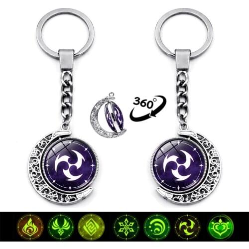 Luminous Game Genshin Impact Keychain Charms 360 Degrees Rotating Moon Anime Pendant Glow In The Dark Key Chain Metal Key Ring