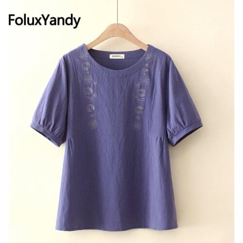 Embroidery Women Summer Tops Plus Size Casual Loose Cotton Short Sleeve T-Shirt XXXL 4XL KKFY5571