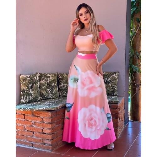 Echoine Floral Print Off Shoudler Sexy Crop Top Long Maxi Skirt Set Dress Party Club Outfits Two Piece Set Pink Flower Set