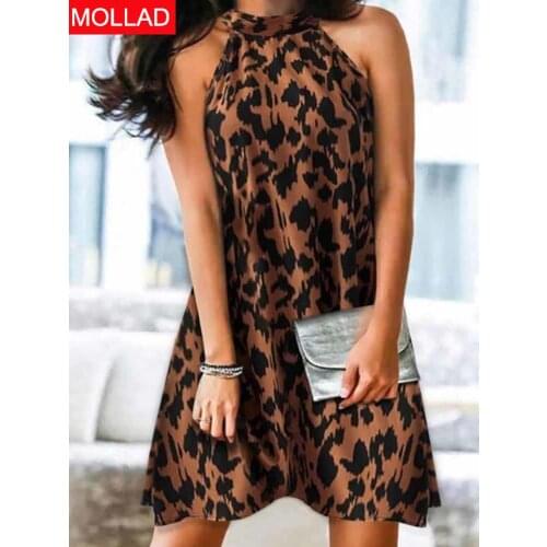 2021 Spring Leisure Urban Casual Womens Clothing Strap Type round Neck Swing Leopard Print Dress