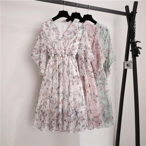 Fad Summer Women Midi Wrap Chiffon Dress Printed Slim Casual Female Dresses Mujer Vestidos V Neck Half Sleeve High Waist Floral
