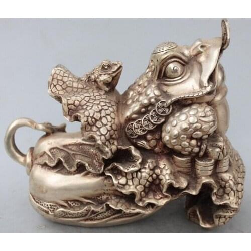 10"Chinese Silver Wealth Money Jin Chan Gold Cicada Animal Cabbage Baicai Statue S0708