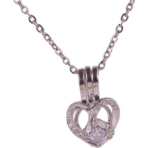 10pcs Copper heart sparkling Beads Cage Essential Oil Diffuser Perfume Pearl Cage Locket necklace 45cm stainless steel chains