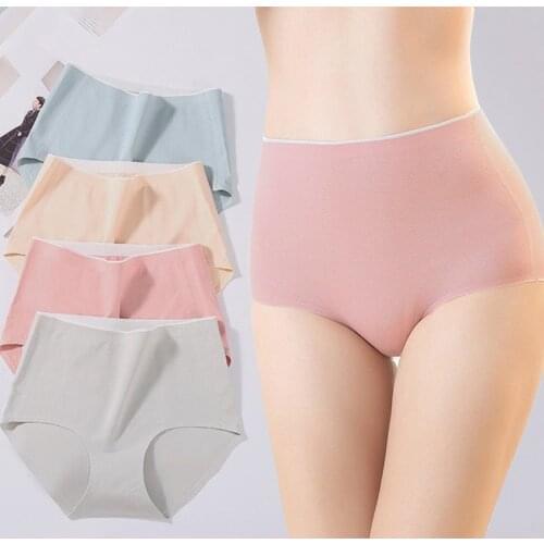 2021 Pure Color High-waist Women Underpants One-piece Elastic Silk Seamless Underwear Shaping Briefs Breathable Panties Lingerie