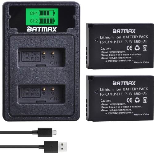 2Pcs 1800mAh LP-E12 LP E12 Battery + LCD USB Charger with Type C Port for Canon M 100D Kiss X7 Rebel SL1 EOS M10 EOS M50 DSLR